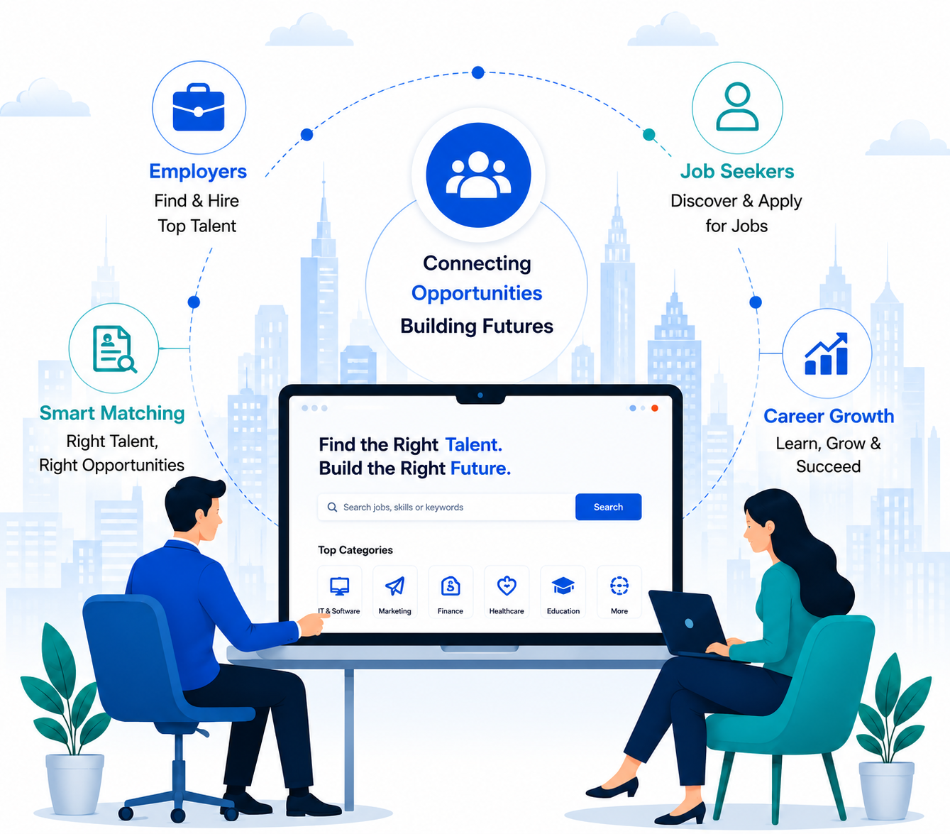 Illustration of an employer and a job seeker working on laptops, connected through a shared hiring platform